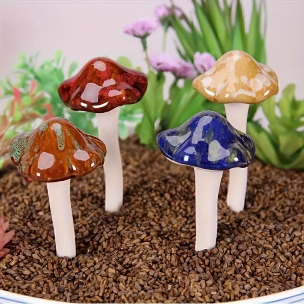 Ceramic Mushrooms Garden Stakes Set of 4 Miniature Figurines Fairy Garden